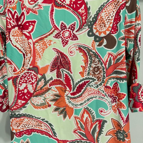 Aryeh Red Green Floral Mosaic Ruffle Bell Sleeve Sheath Scuba Dress Medium - Picture 5 of 11